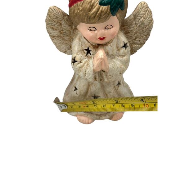 Christmas Ceramic PRAYING Angel Tea Light Candle Holder GILDED Stars Retro Decor - Picture 5 of 9